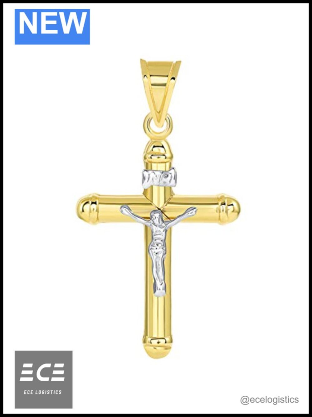 14k Two Tone Gold INRI Crucifix Tube Cross Pendant